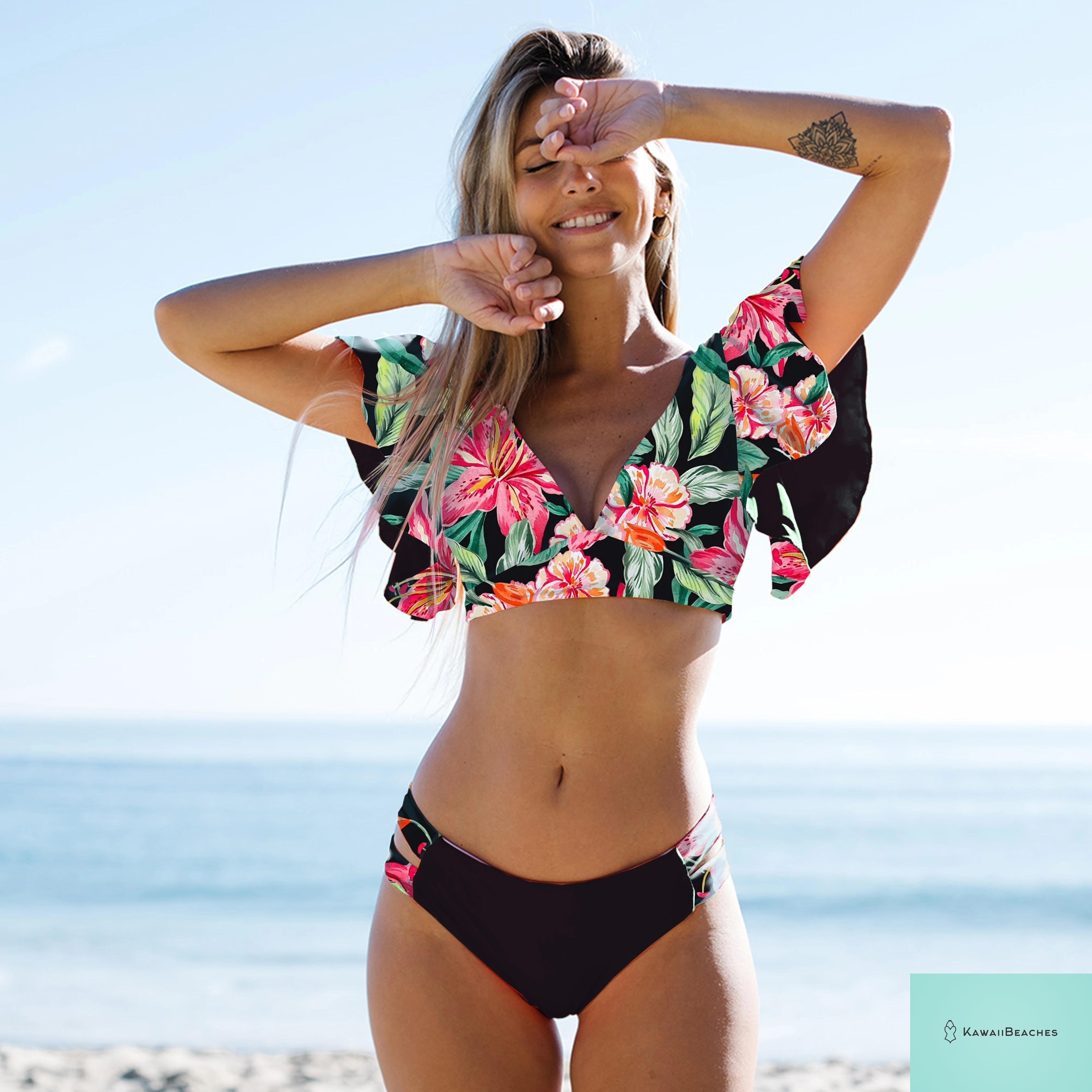 Tropical Ruffle Floral High Waist Swimsuit