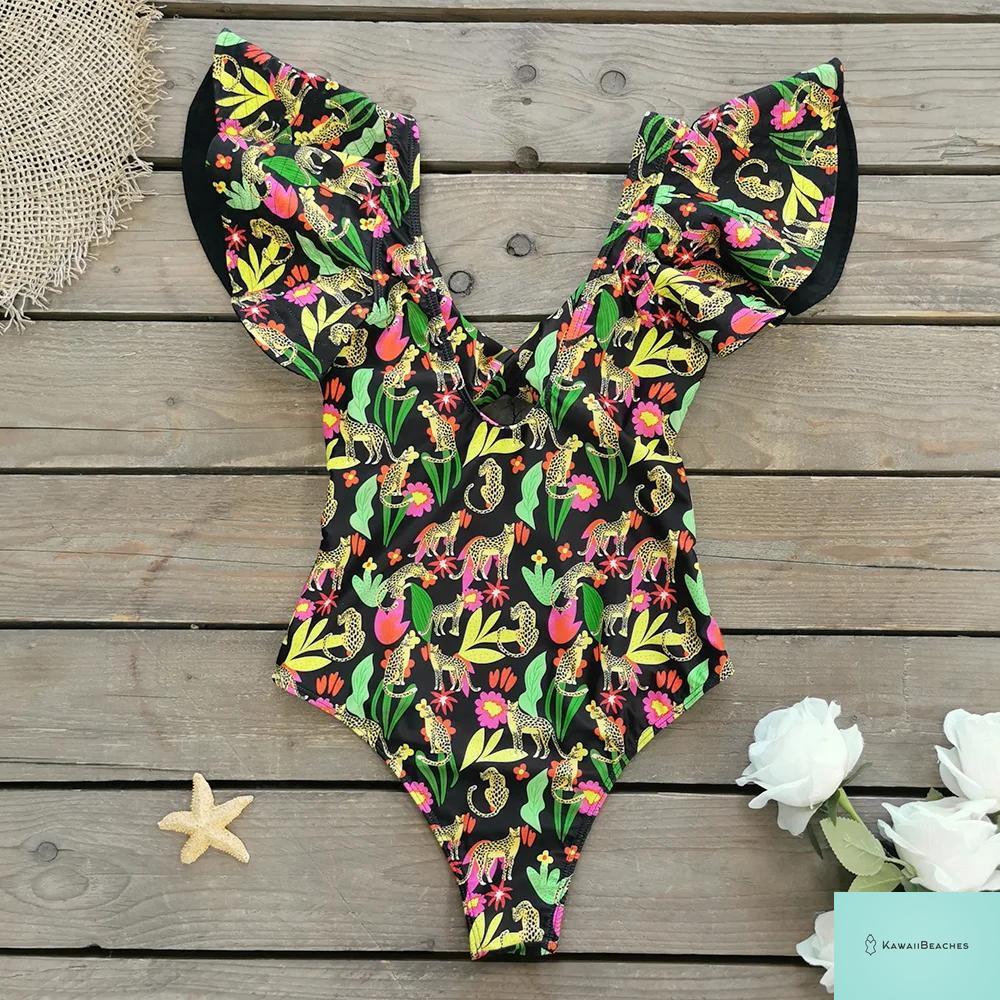 Kawaii V-Neck Lace Print One Piece Swimsuit