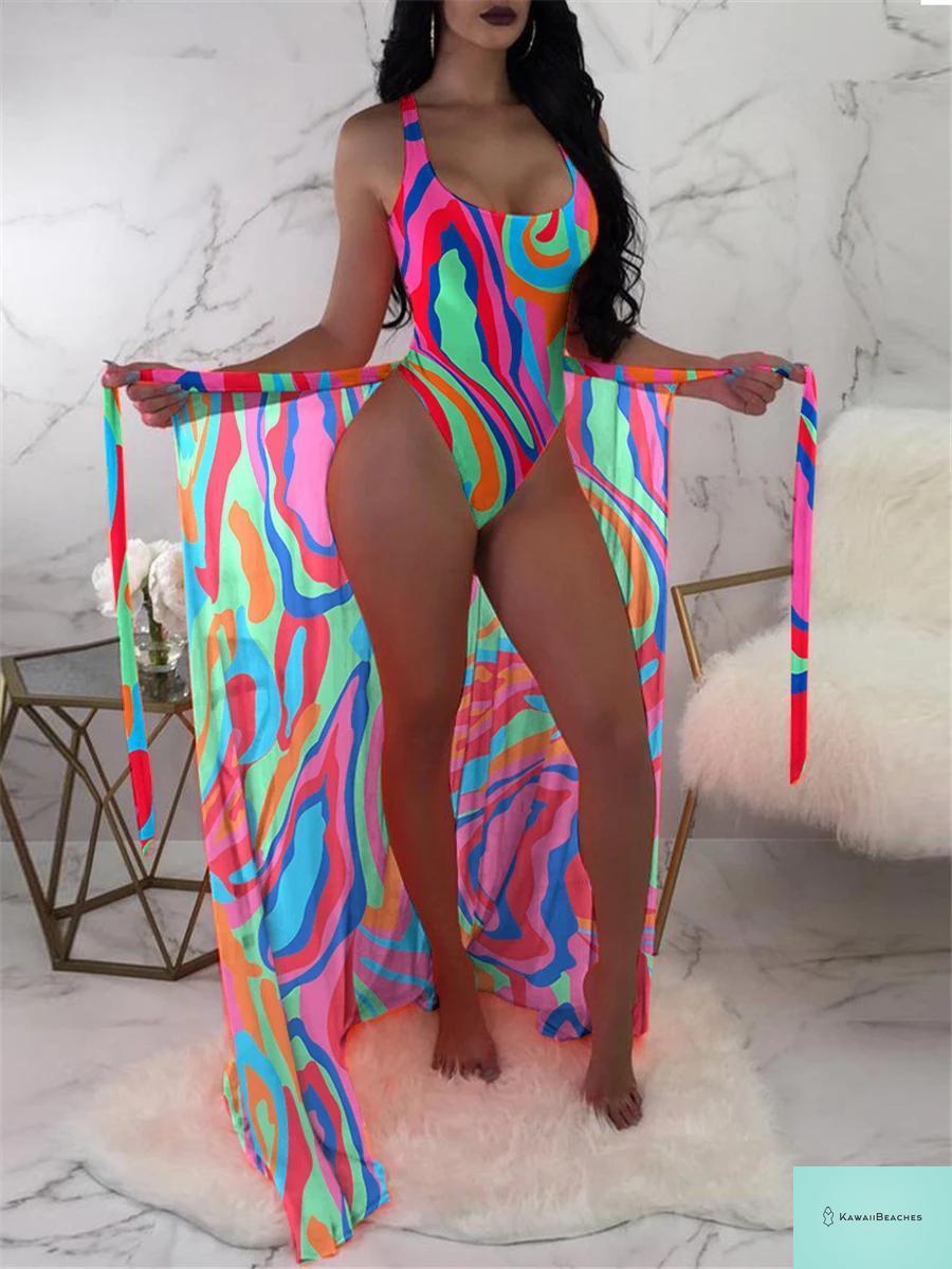 Floral Print Beach Bodysuit and Skirt