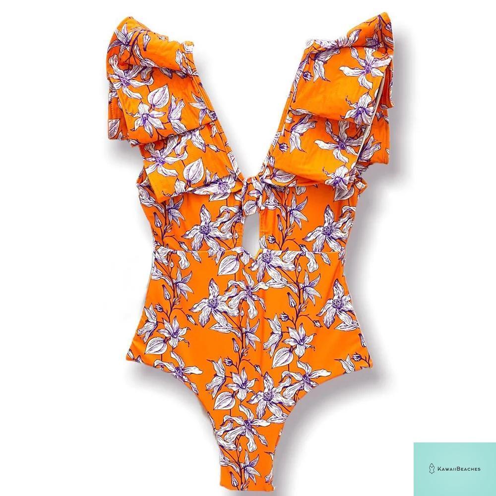 Kawaii V-Neck Lace Print One Piece Swimsuit