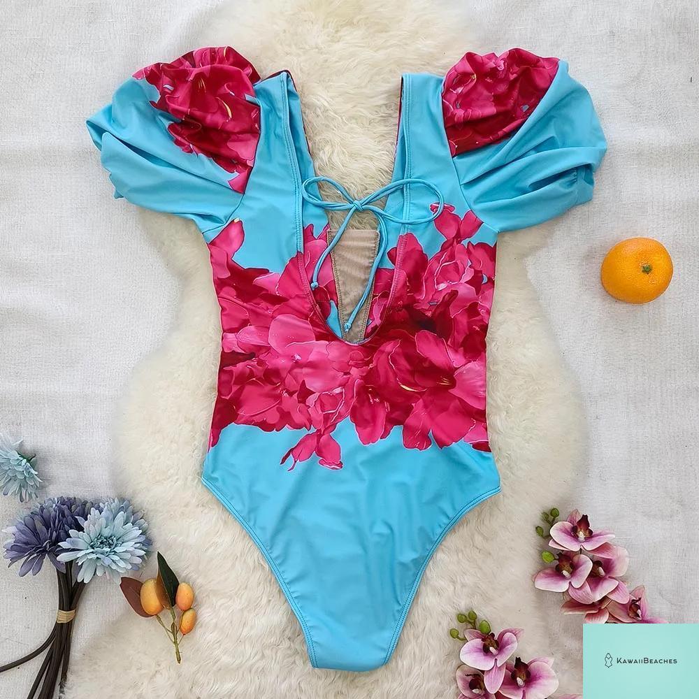 Kawaii V-Neck Lace Print One Piece Swimsuit