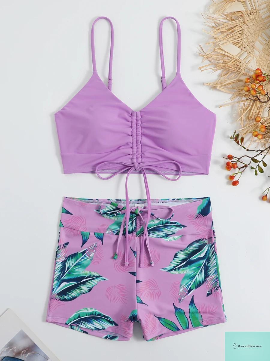 Tropical Print High Waist Drawstring Bikini