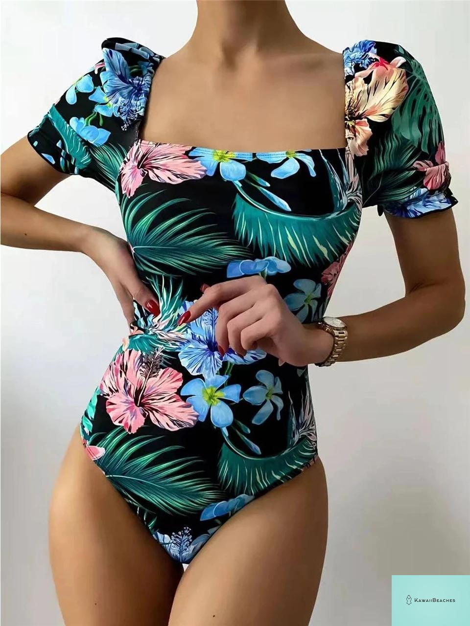 Tropical Print Drawstring One-Piece Swimsuit
