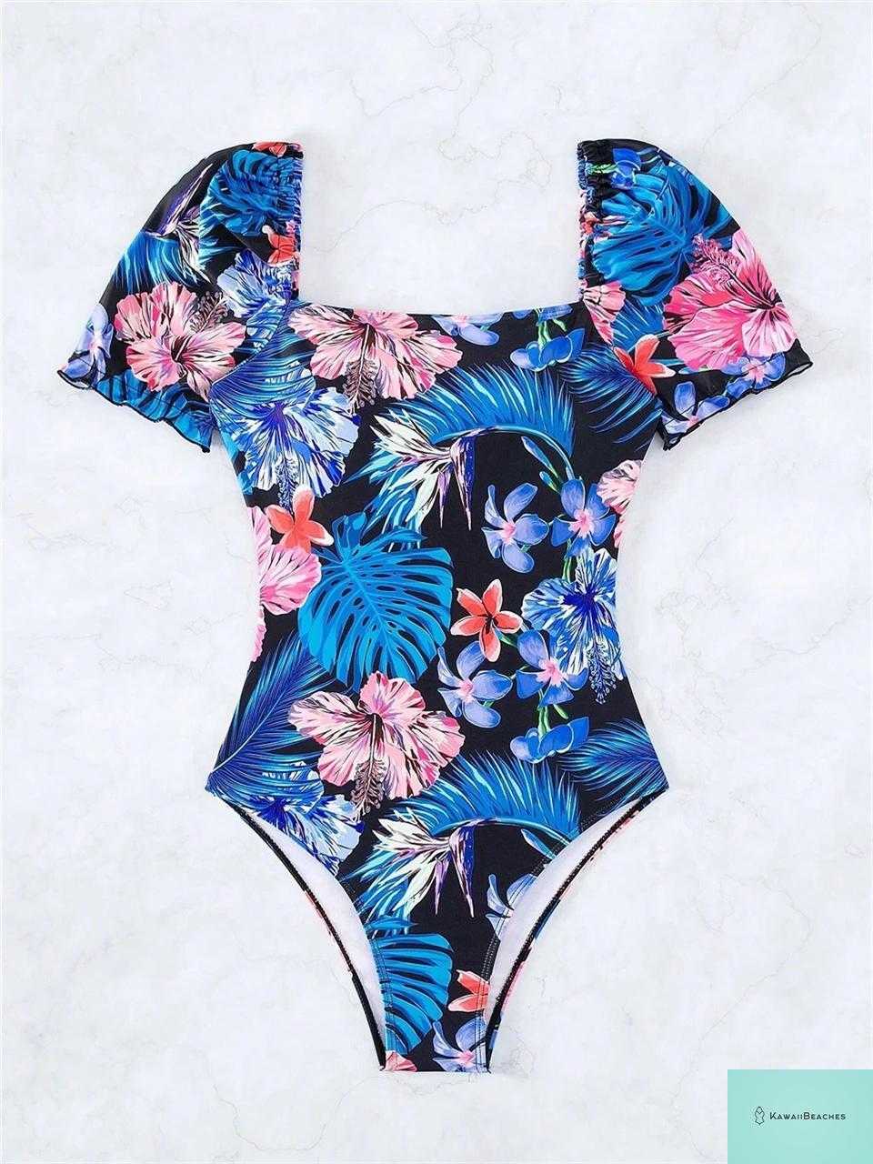 Tropical Print Drawstring One-Piece Swimsuit