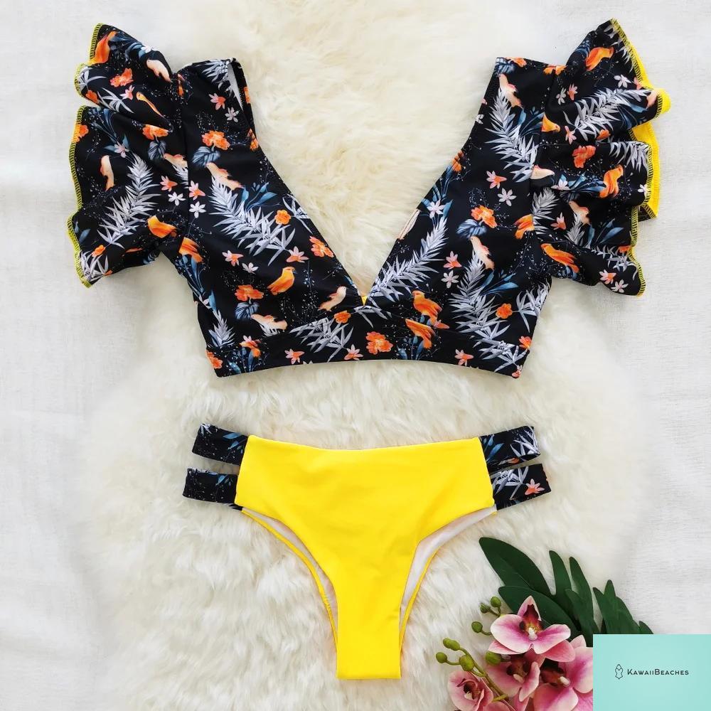 Tropical Ruffle Floral High Waist Swimsuit