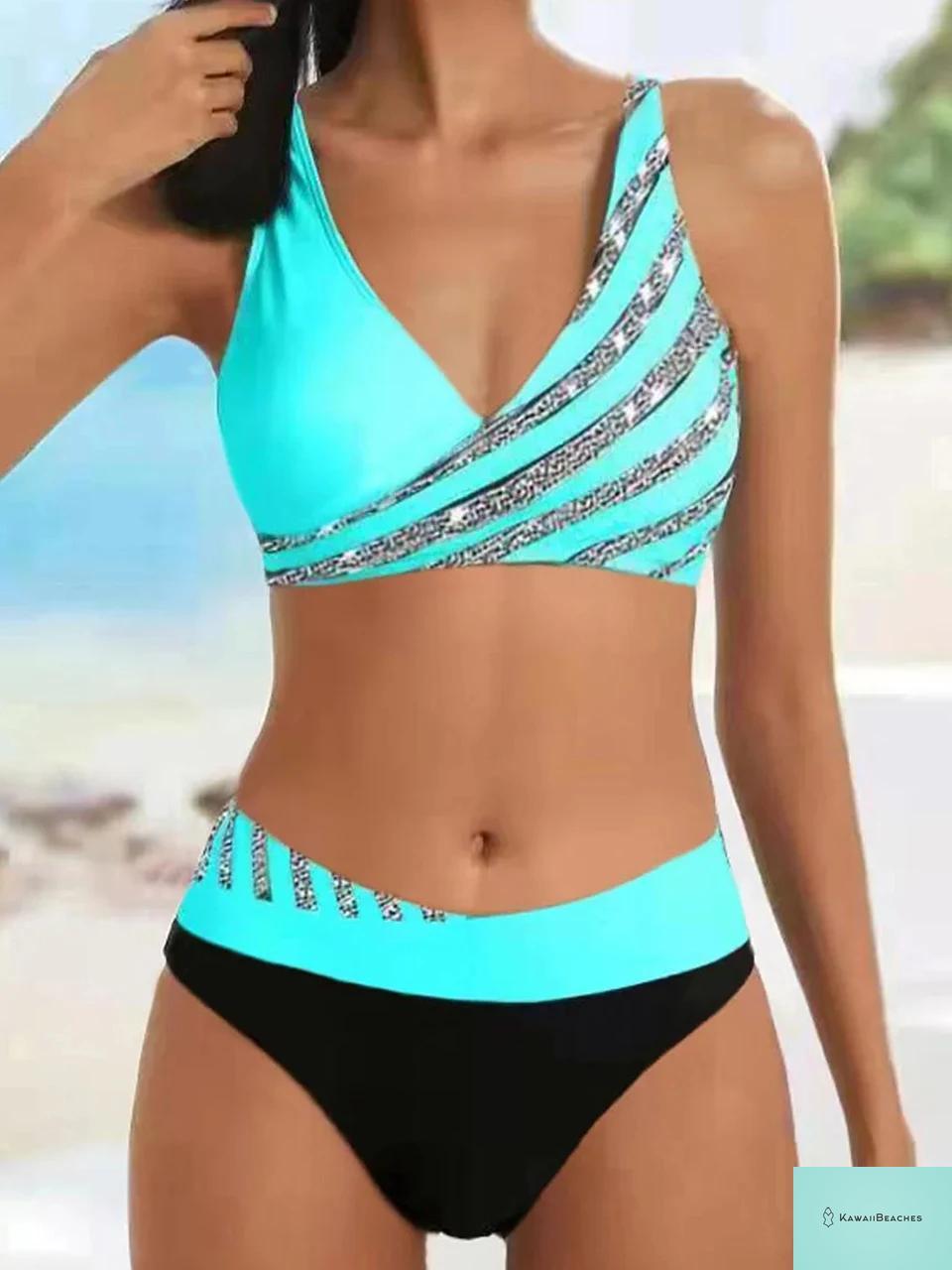 Kawaii Beach V Neck Stripe Bikini Set