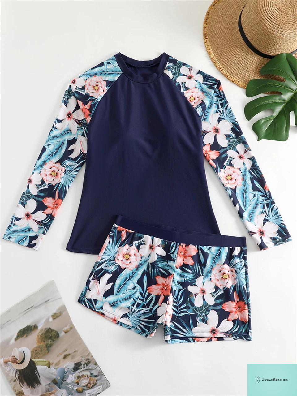 Floral Long Sleeve Two Piece Swimsuit