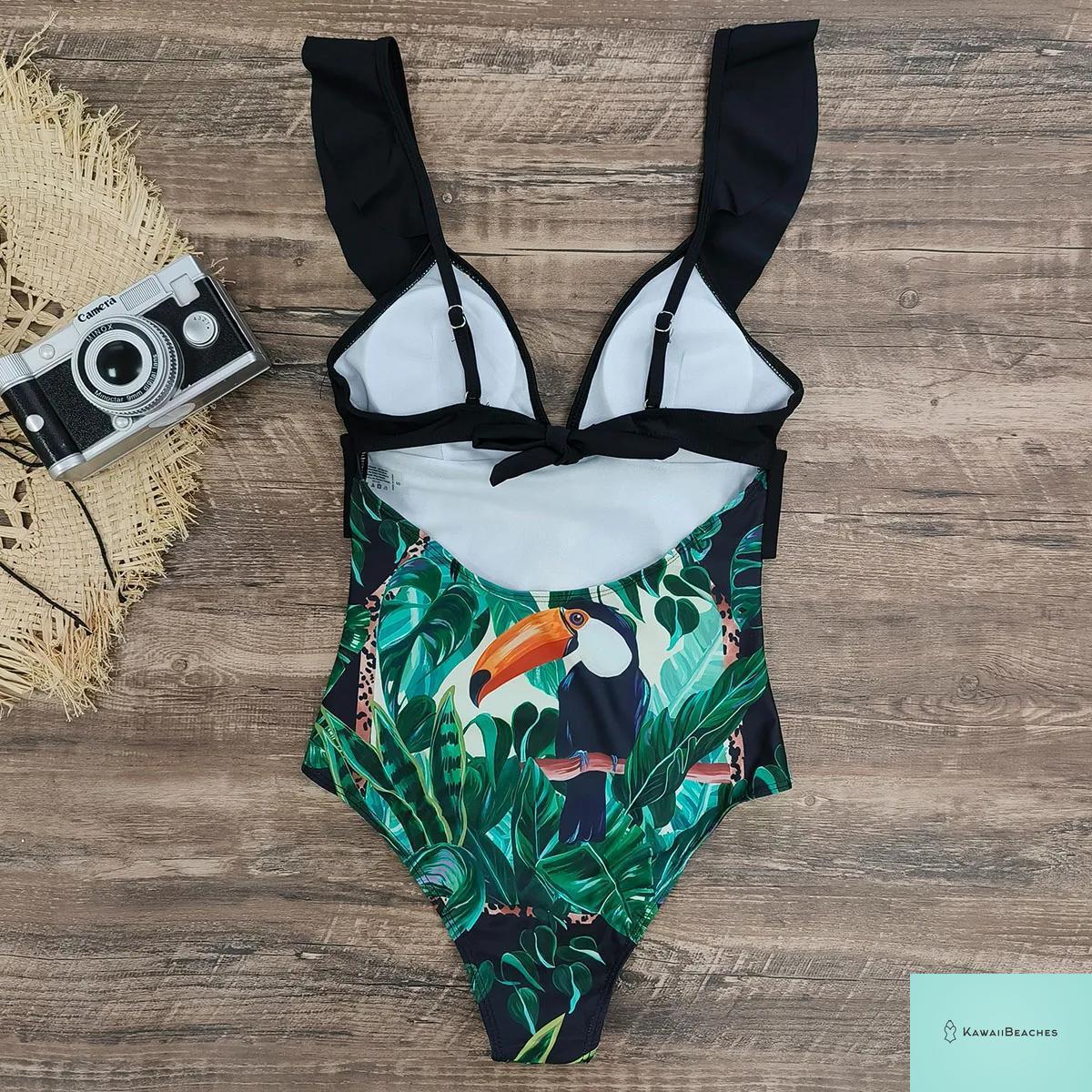 Lace Print V-Neck One Piece Swimsuit