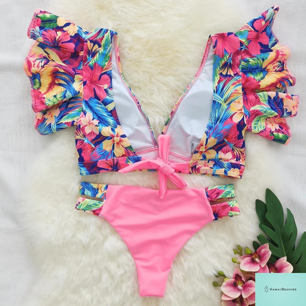 Tropical Ruffle Floral High Waist Swimsuit