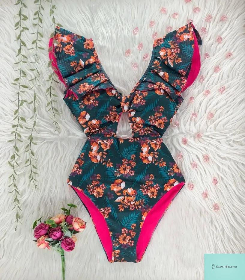 Kawaii V-Neck Lace Print One Piece Swimsuit