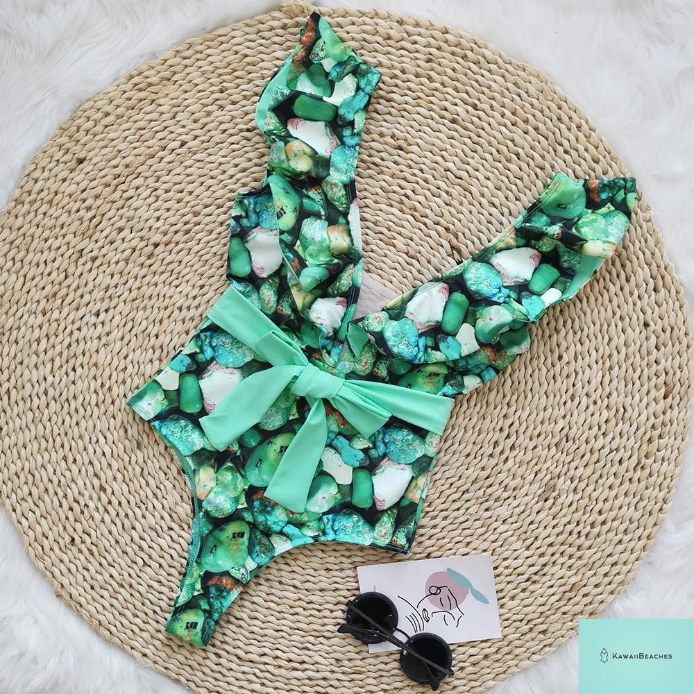 Kawaii V-Neck Lace Print One Piece Swimsuit