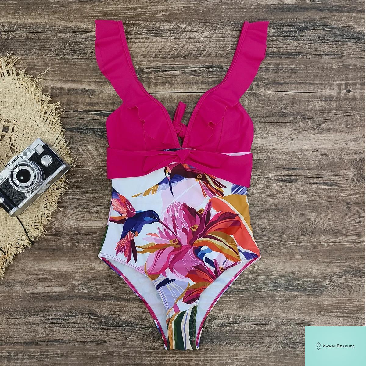 Lace Print V-Neck One Piece Swimsuit