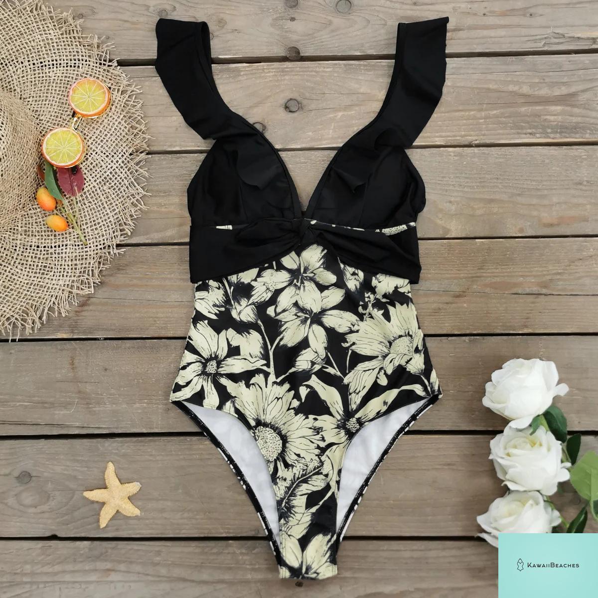 Lace Print V-Neck One Piece Swimsuit