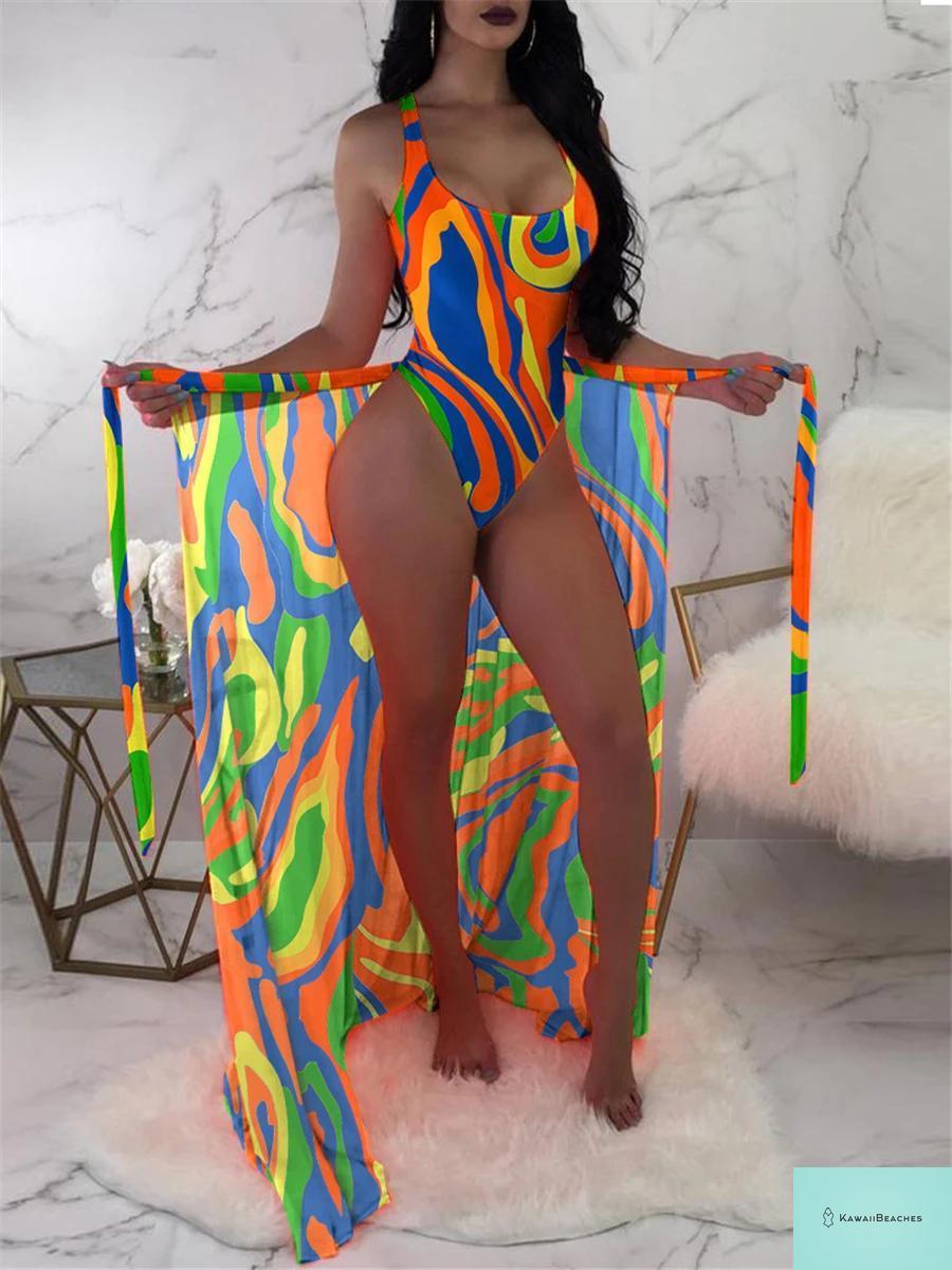 Floral Print Beach Bodysuit and Skirt