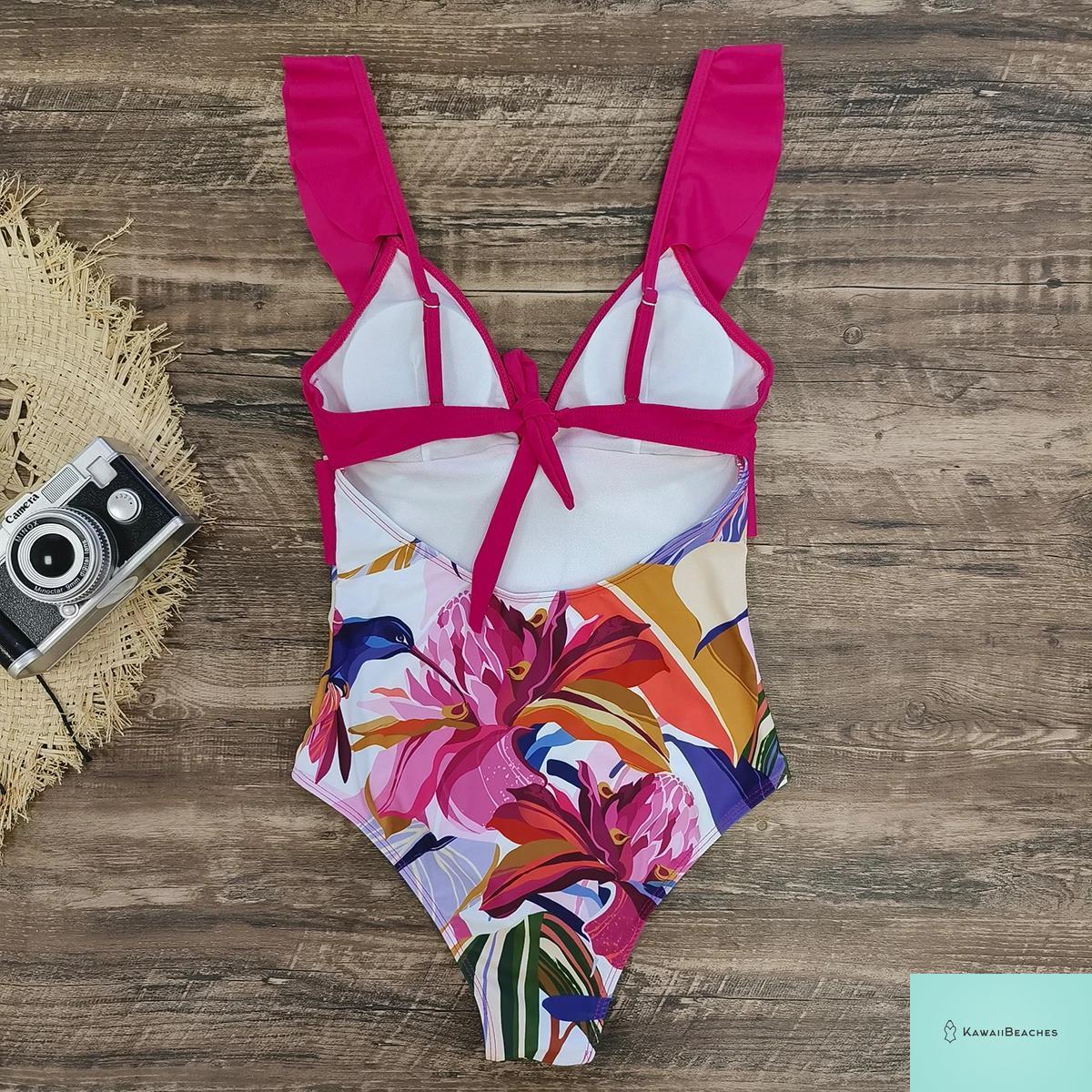 Lace Print V-Neck One Piece Swimsuit