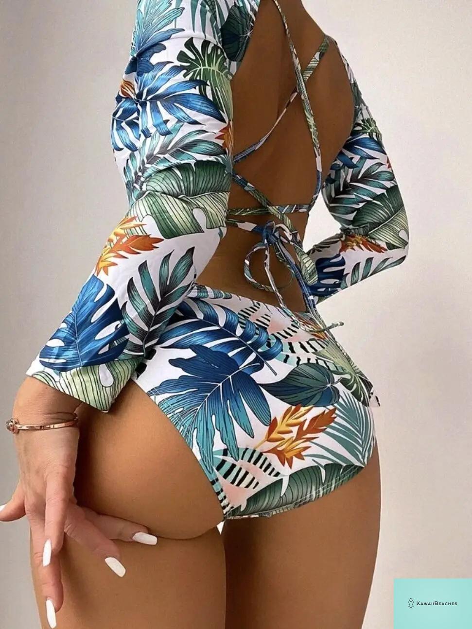 Tropical Leaf Long Sleeve Surf Swimsuit