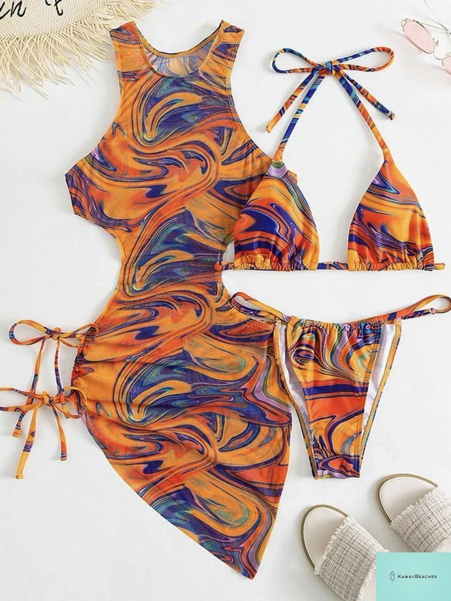 Printed Halter Triangle Bikini Set