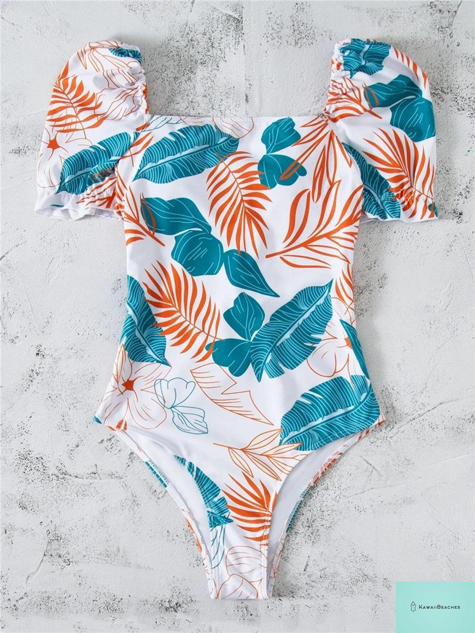 Tropical Print Drawstring One-Piece Swimsuit