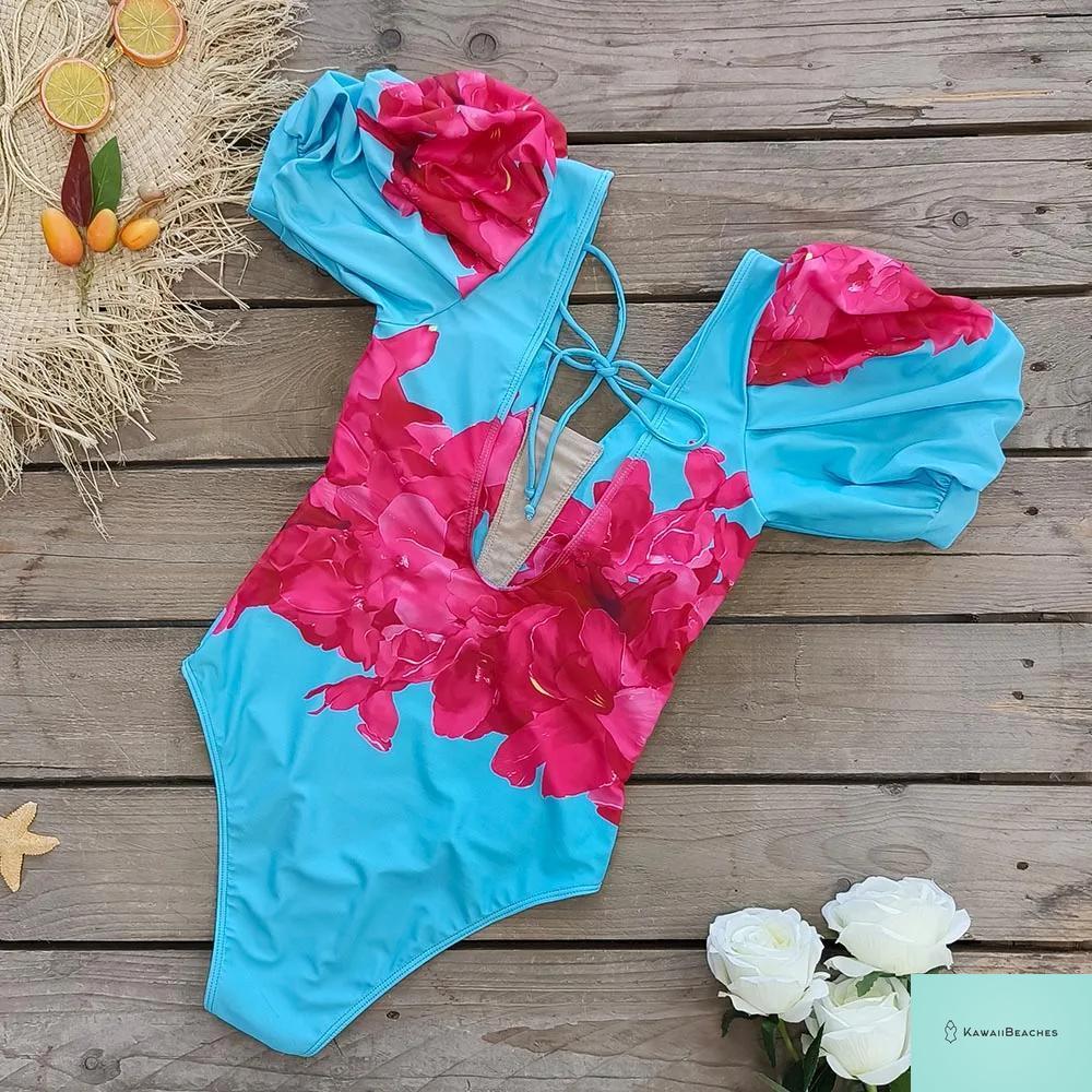 Kawaii V-Neck Lace Print One Piece Swimsuit