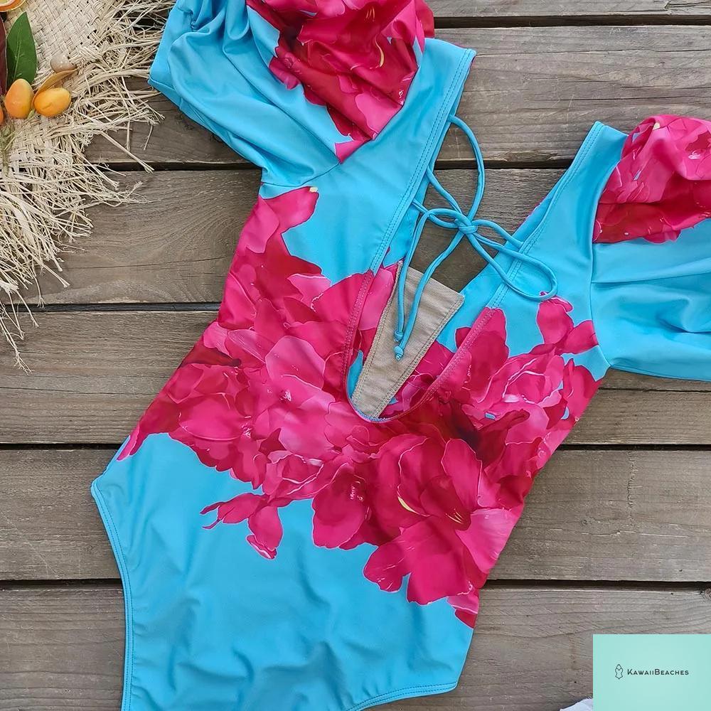 Kawaii V-Neck Lace Print One Piece Swimsuit