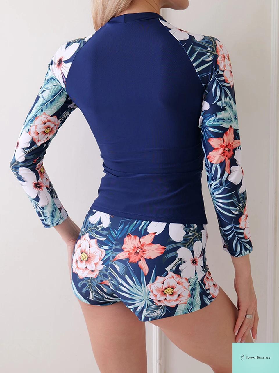 Floral Long Sleeve Two Piece Swimsuit