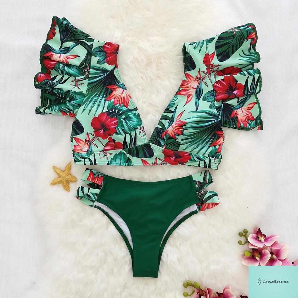 Tropical Ruffle Floral High Waist Swimsuit