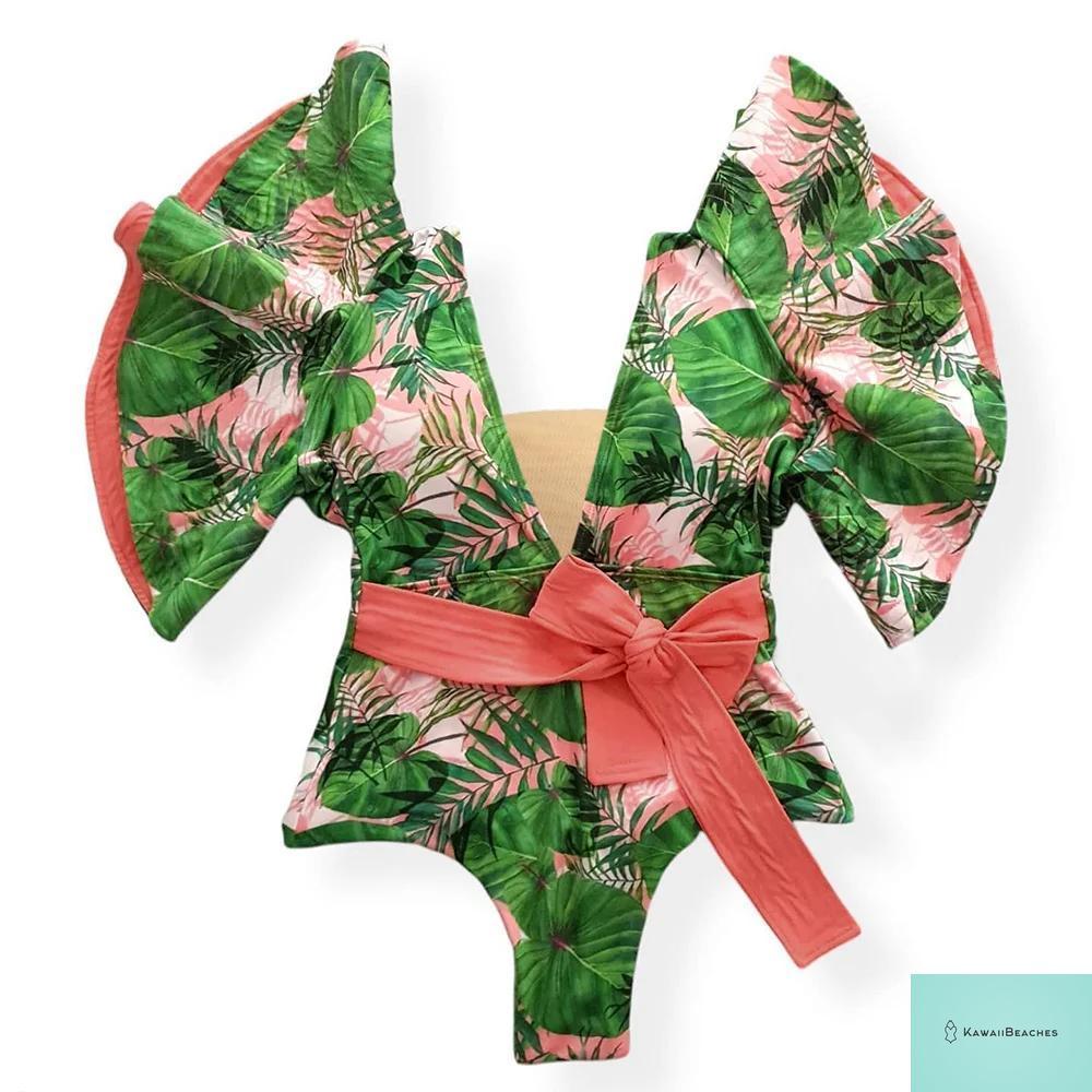 Kawaii V-Neck Lace Print One Piece Swimsuit