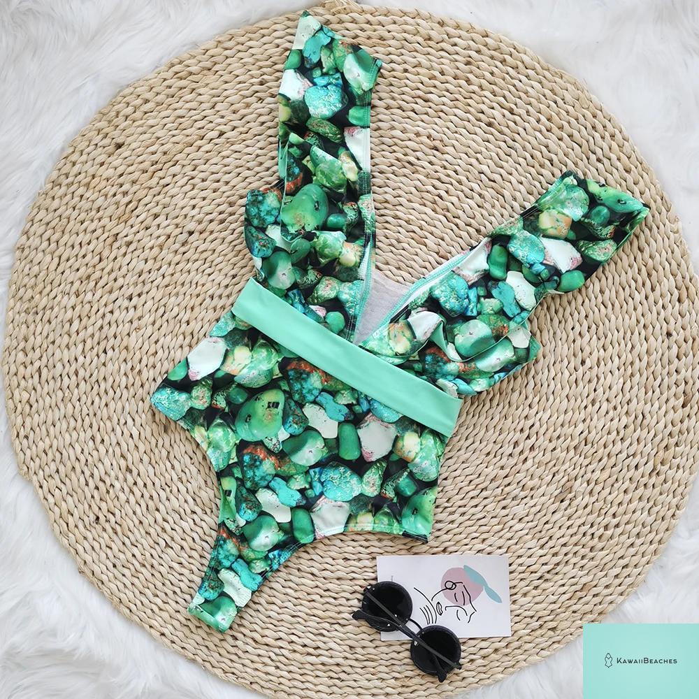 Kawaii V-Neck Lace Print One Piece Swimsuit