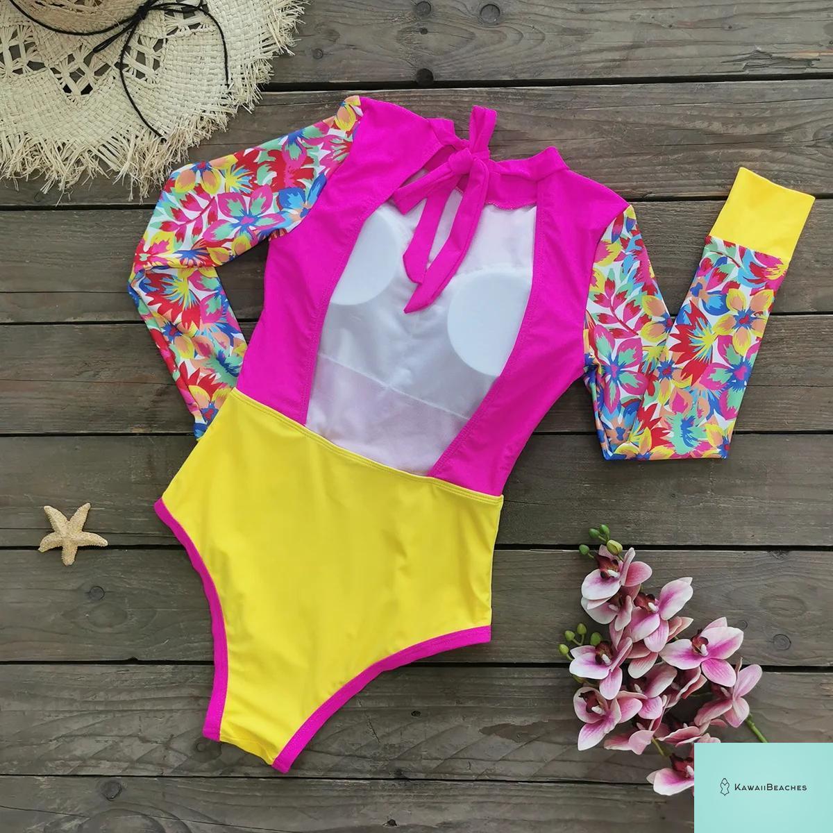 Kawaii Patchwork Long Sleeve Swimsuit