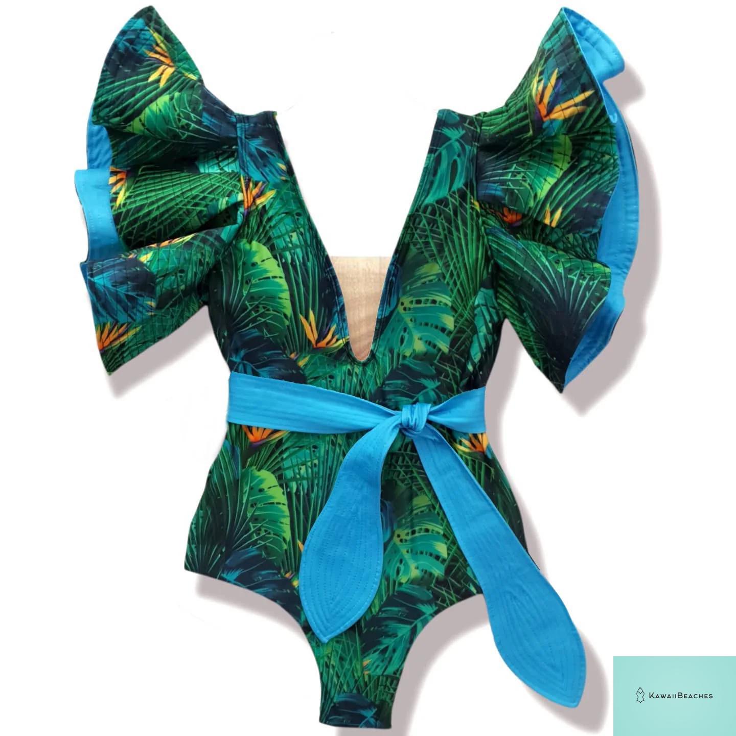 Kawaii V-Neck Lace Print One Piece Swimsuit