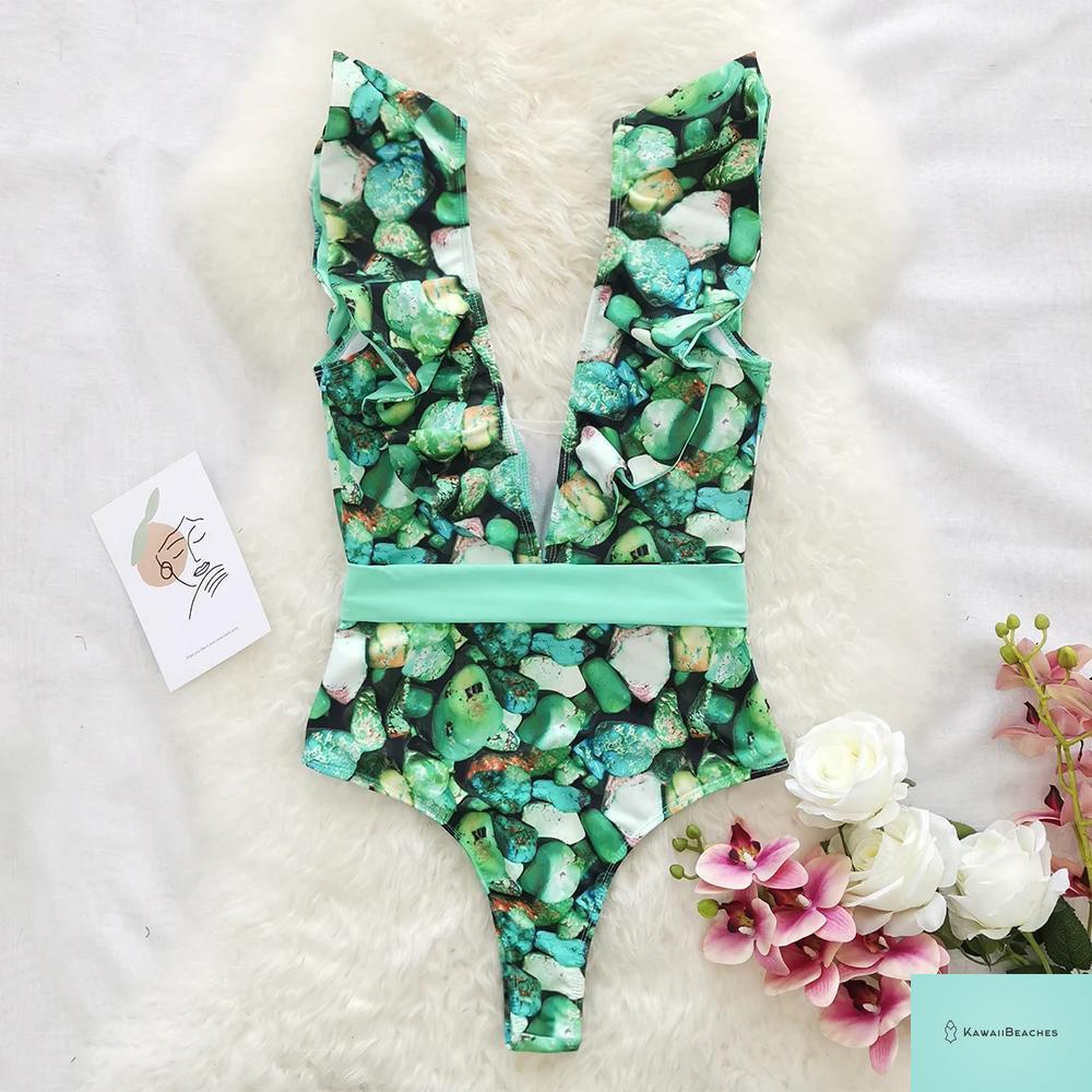 Kawaii V-Neck Lace Print One Piece Swimsuit