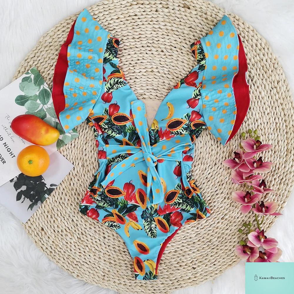 Kawaii V-Neck Lace Print One Piece Swimsuit
