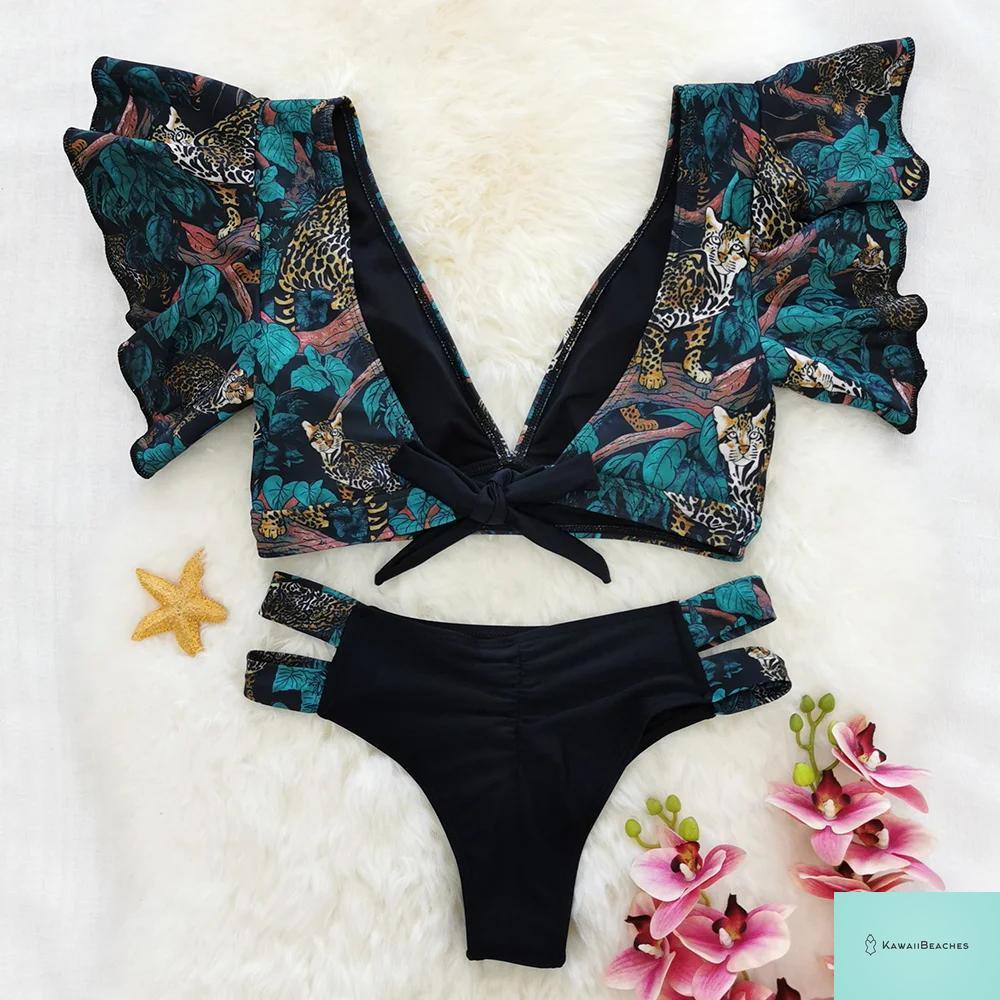 Tropical Ruffle Floral High Waist Swimsuit