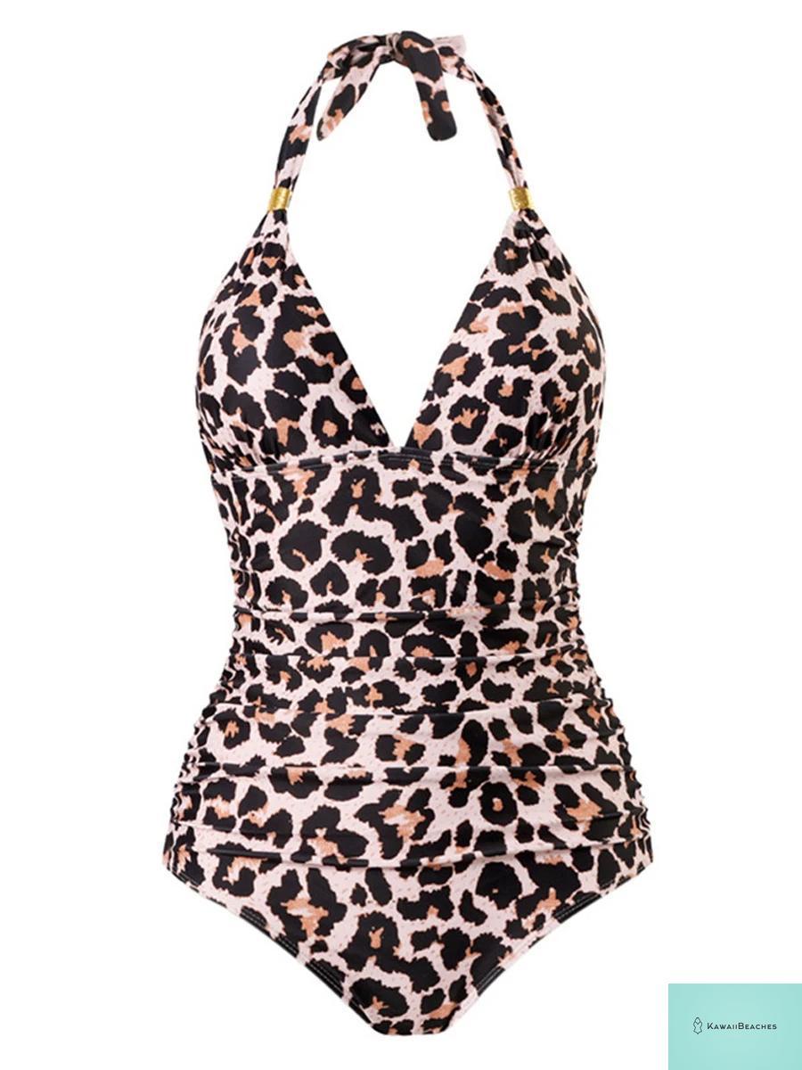 Vintage Leopard Print Halter One-Piece Swimsuit