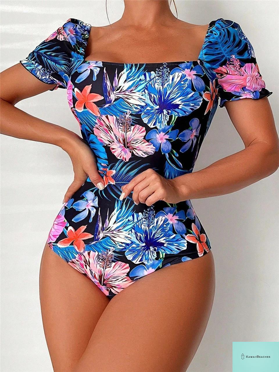 Tropical Print Drawstring One-Piece Swimsuit