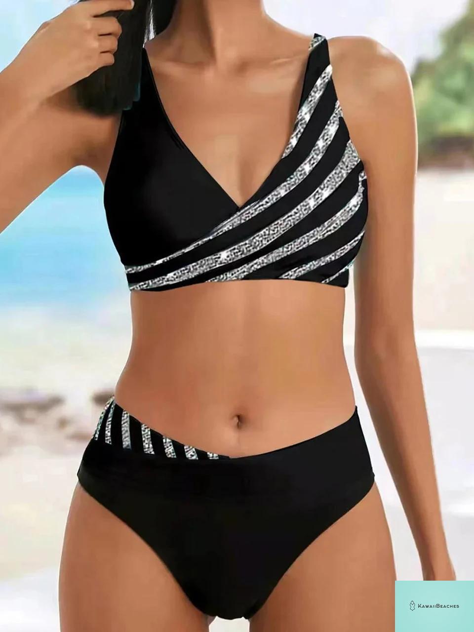 Kawaii Beach V Neck Stripe Bikini Set