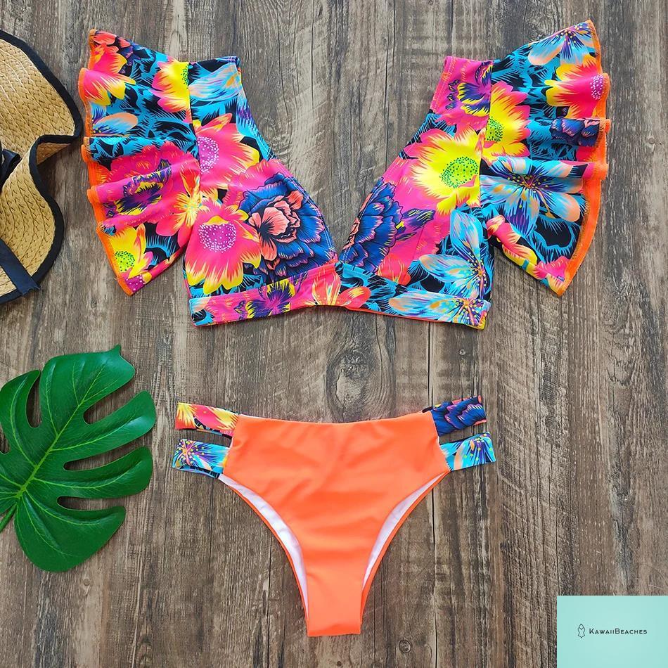 Tropical Ruffle Floral High Waist Swimsuit
