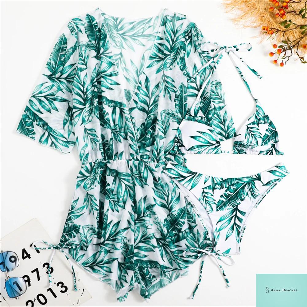 Tropical Print Halter Bikini Swimsuit