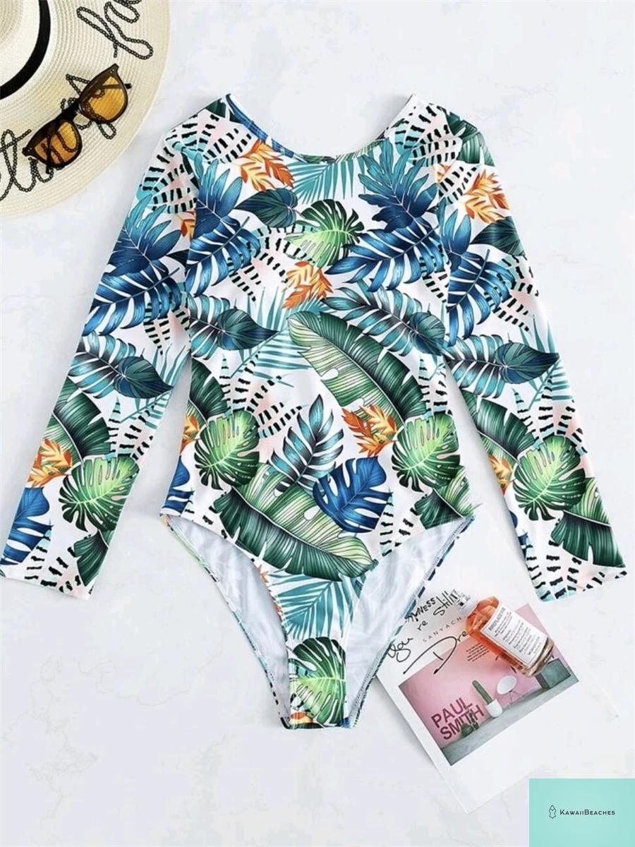Tropical Leaf Long Sleeve Surf Swimsuit