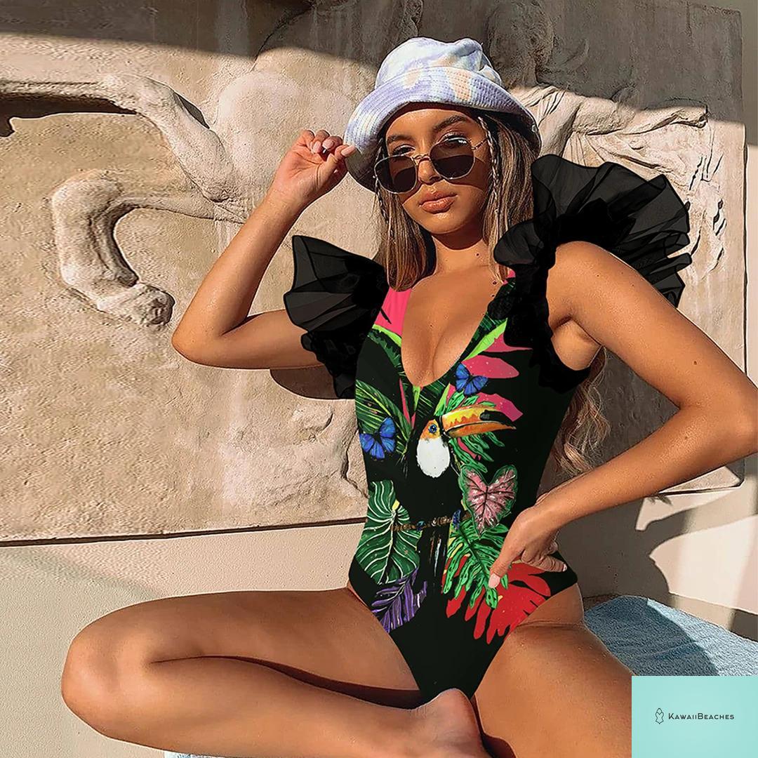 Striped Tropical Monokini Swimsuit for Women