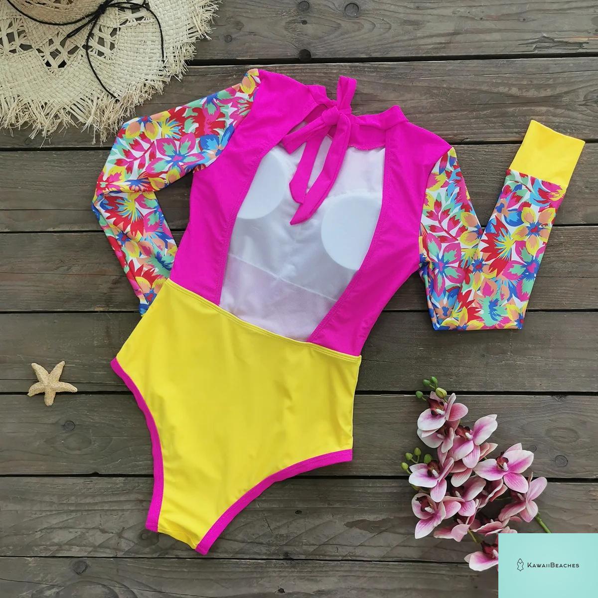 Kawaii Patchwork Long Sleeve Swimsuit