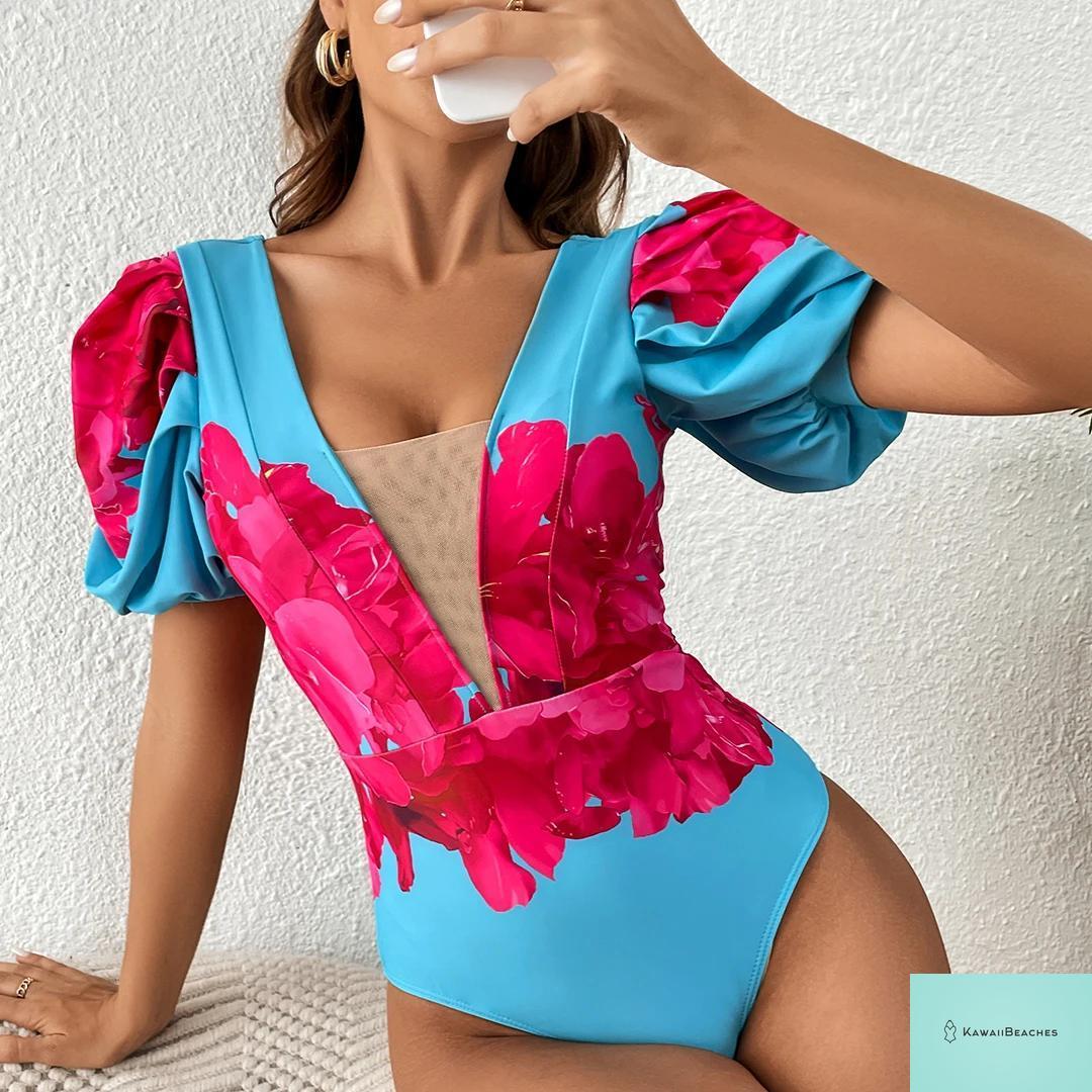 Kawaii V-Neck Lace Print One Piece Swimsuit