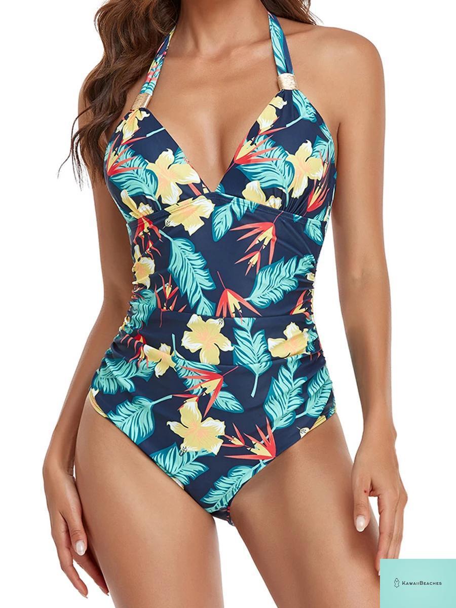 Vintage Leopard Print Halter One-Piece Swimsuit