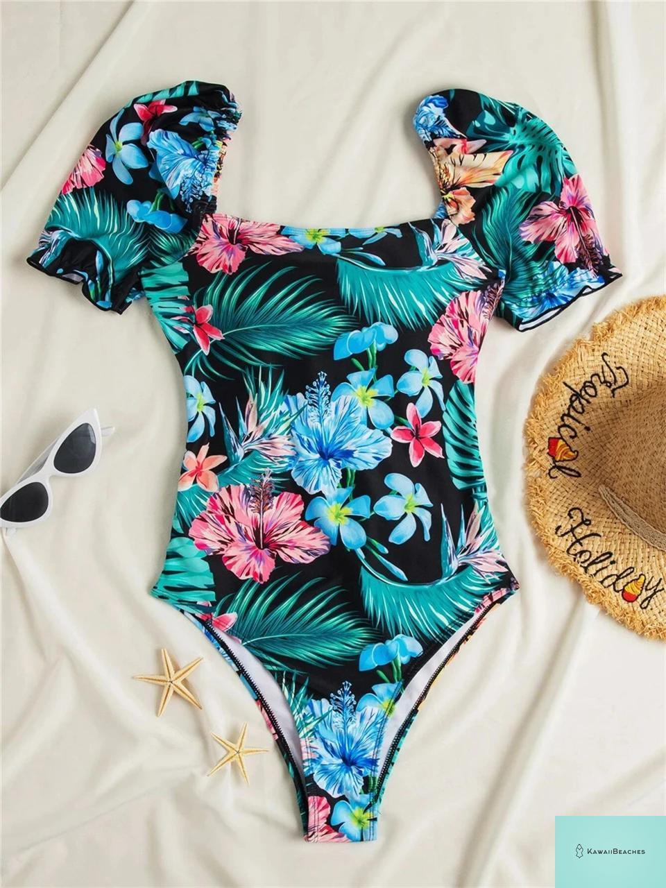 Tropical Print Drawstring One-Piece Swimsuit