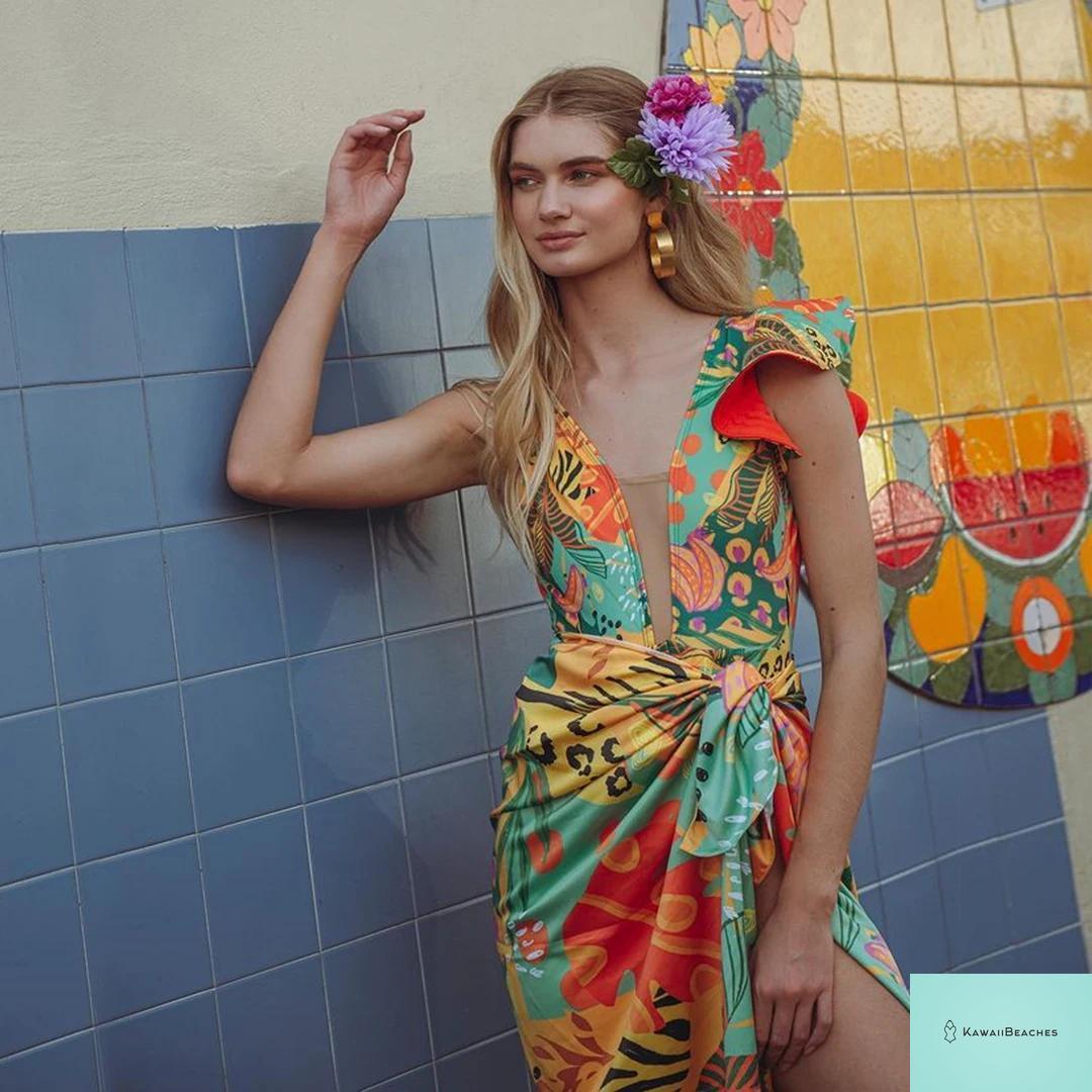 Kawaii V-Neck Lace Print One Piece Swimsuit