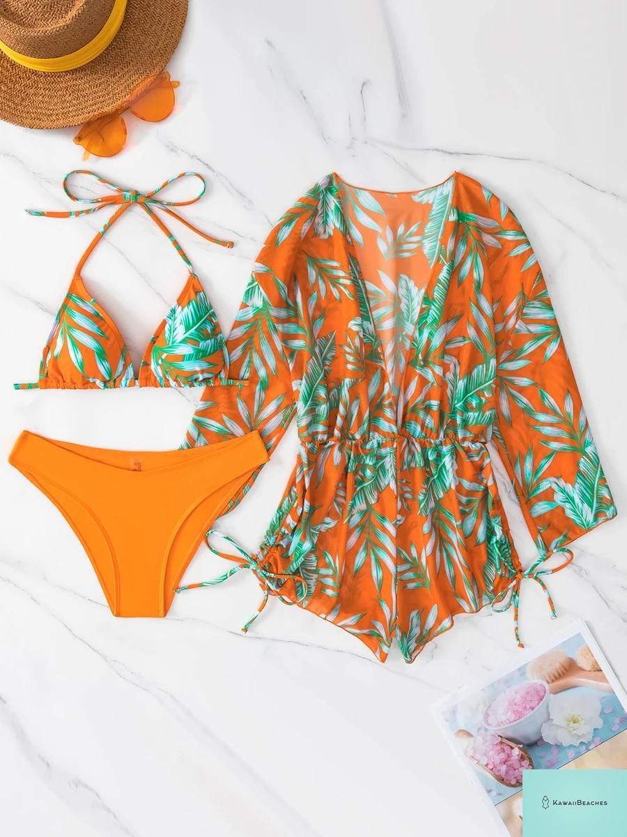 Tropical Print Halter Bikini Swimsuit