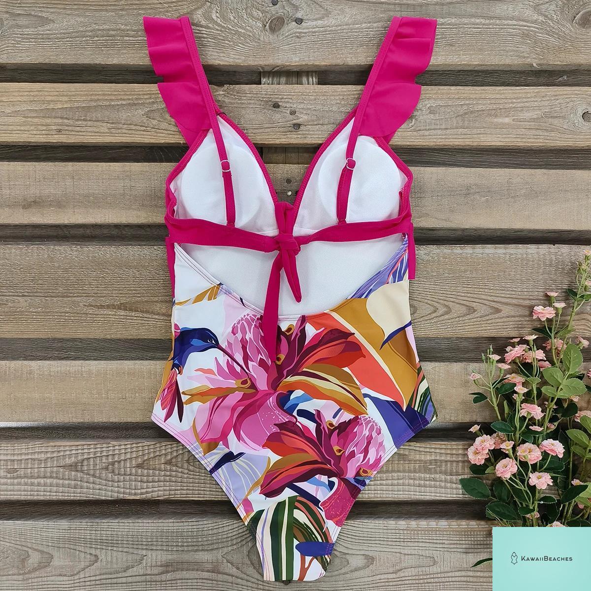 Lace Print V-Neck One Piece Swimsuit