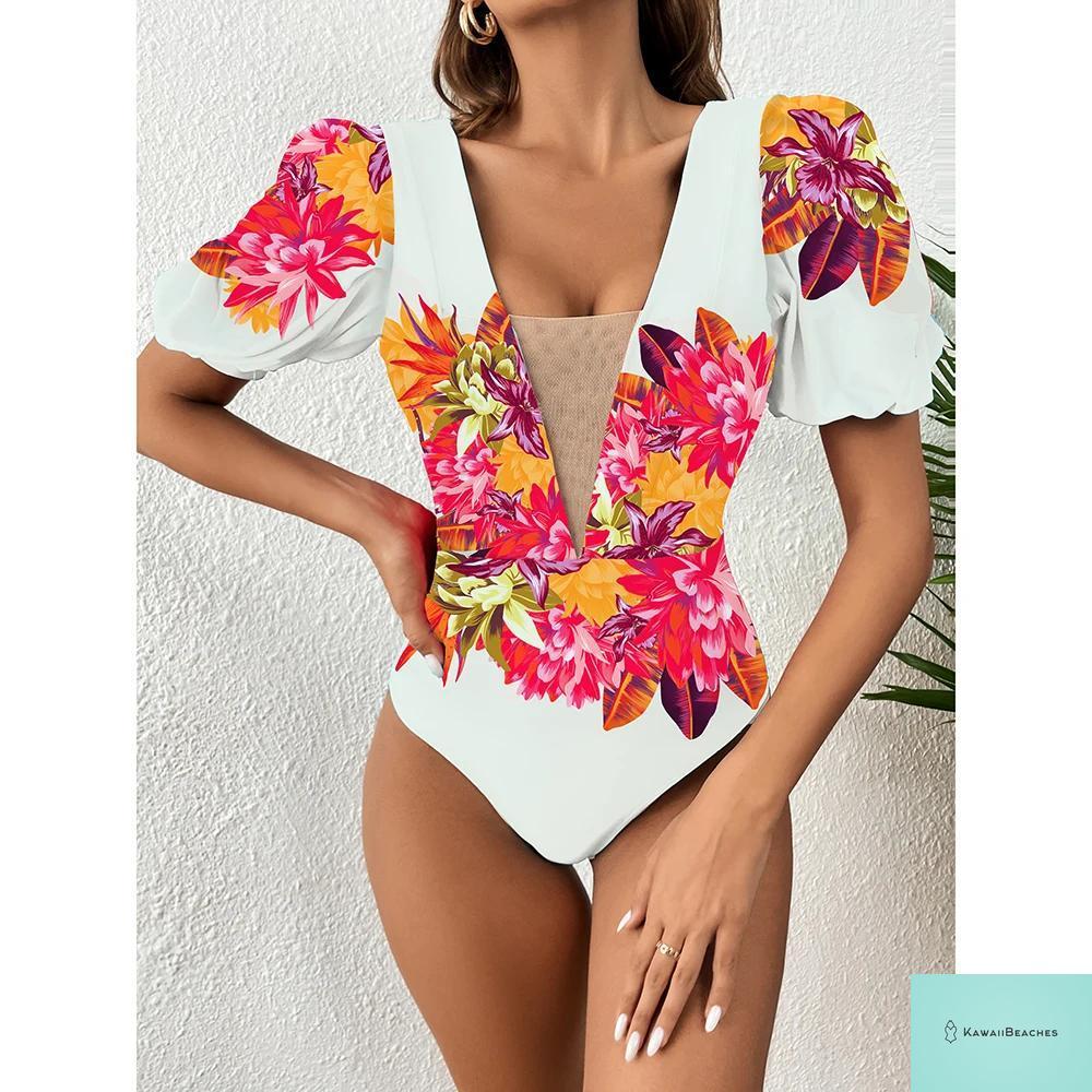 Kawaii V-Neck Lace Print One Piece Swimsuit