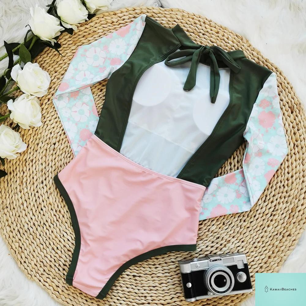 Kawaii Patchwork Long Sleeve Swimsuit