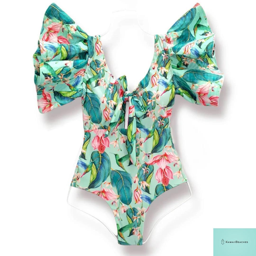 Kawaii V-Neck Lace Print One Piece Swimsuit